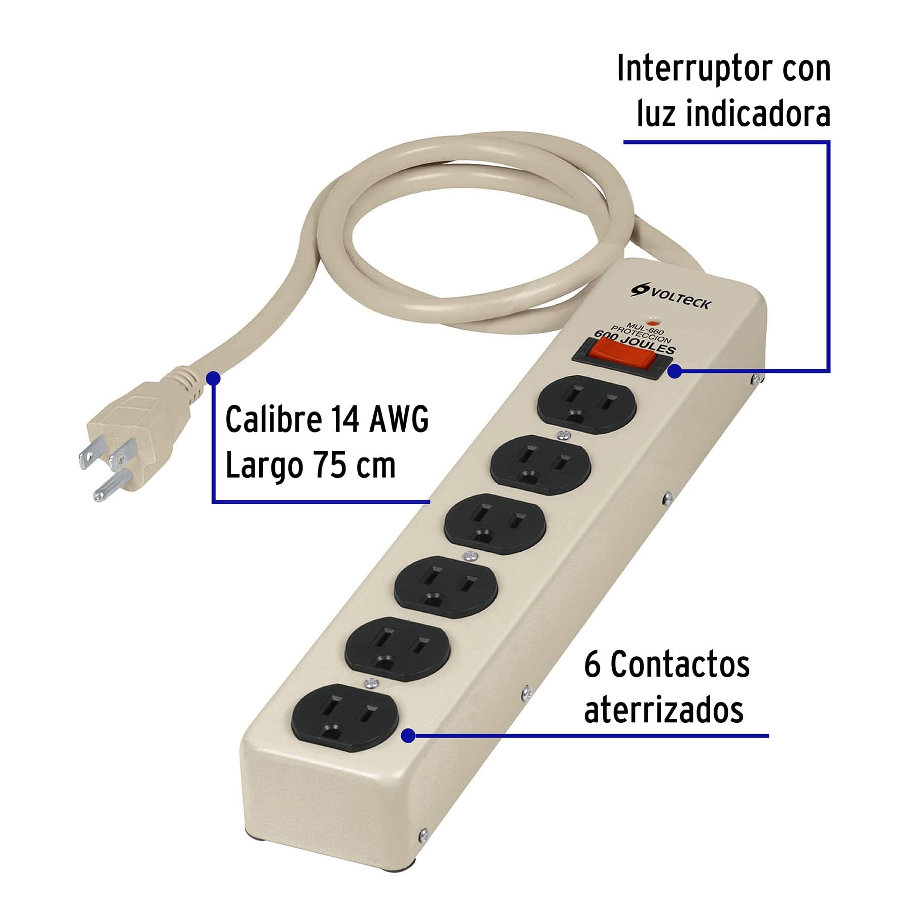 MULTICONTACTO 14 AWG 6 ENTRADAS SUPRESOR DE PICOS 600 JOULES VOLTECK 47185