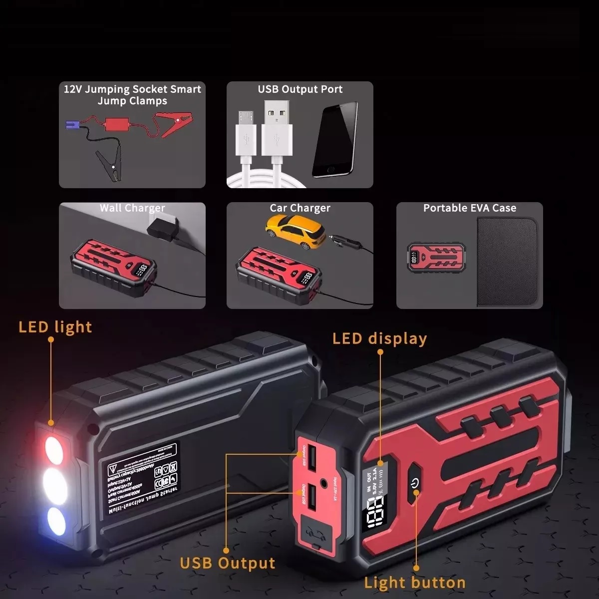 Arrancador De Baterias Auto Lcd Portátil 28000mah Para Coche