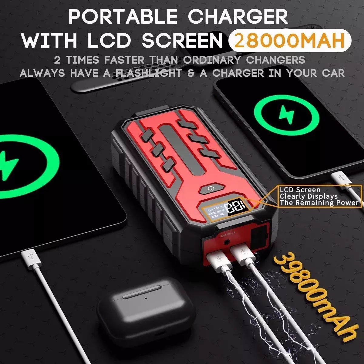 Arrancador De Baterias Auto Lcd Portátil 28000mah Para Coche