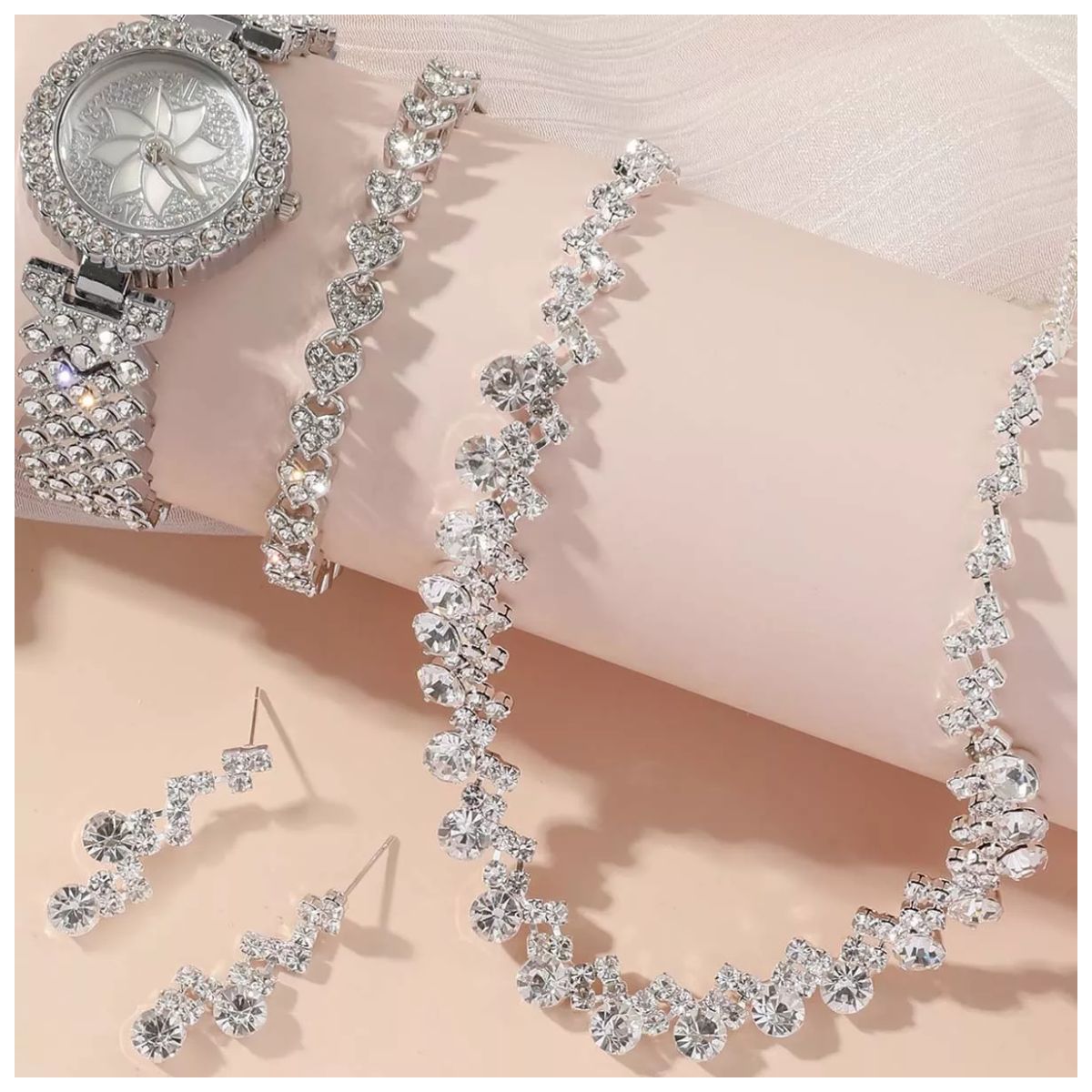 Set De Reloj Con Caja De Regalo De 4 Piezas Para Mujer Plata