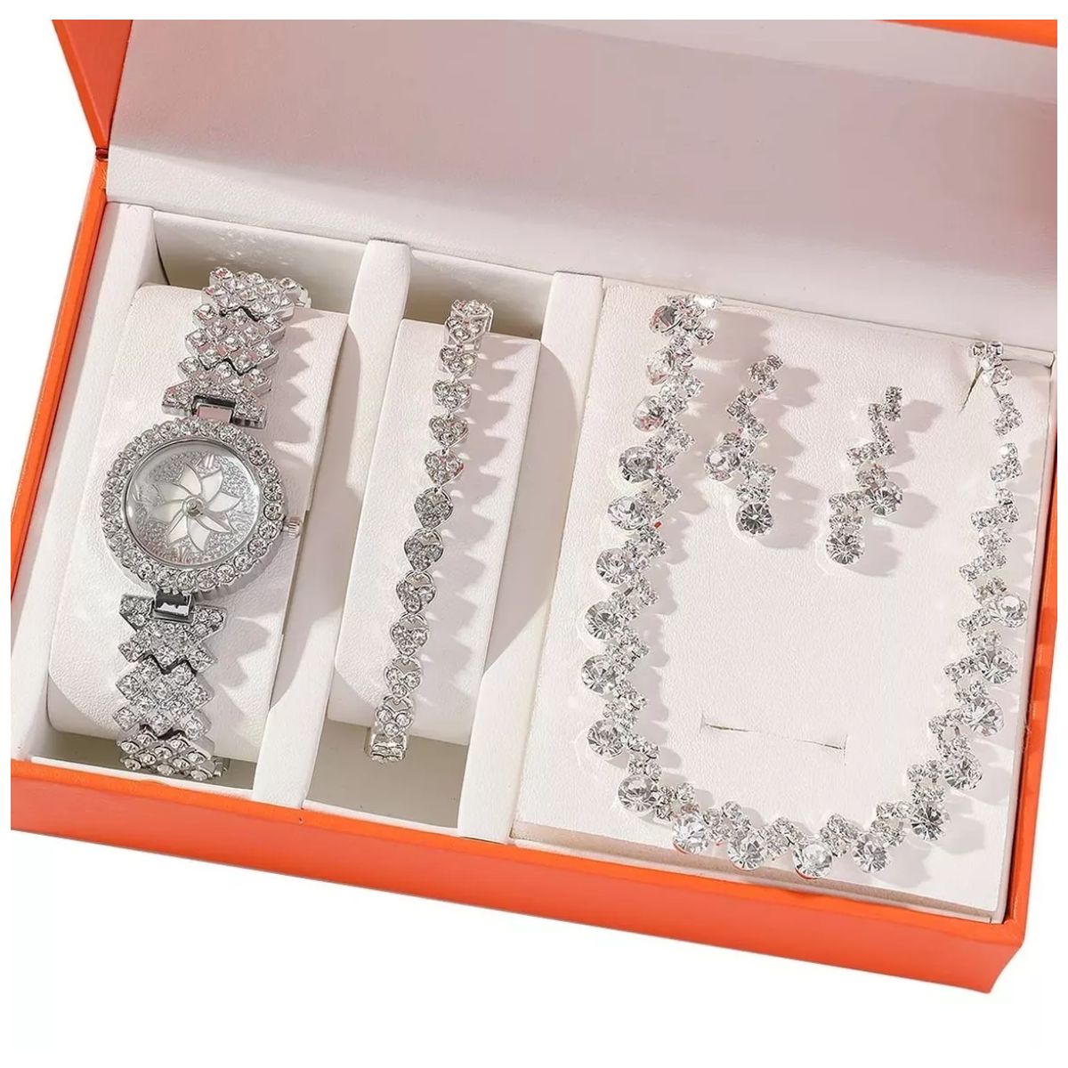 Set De Reloj Con Caja De Regalo De 4 Piezas Para Mujer Plata
