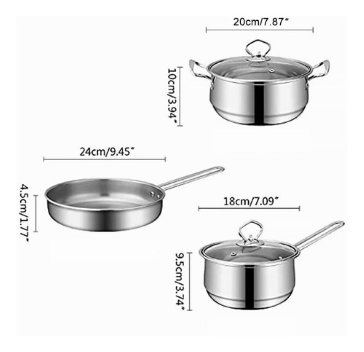 Cocina Inducción Cacerolas Y Sarten Acero Inoxidable 3pcs Plata 