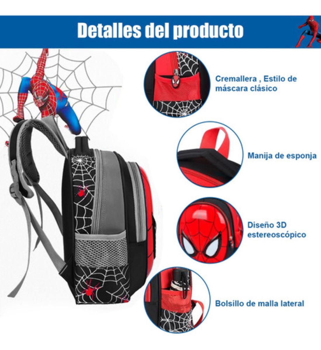Mochila Escolar Preescolar Impermeable Spider Man 3d Dibujos Animados Color Rojo Con Negro