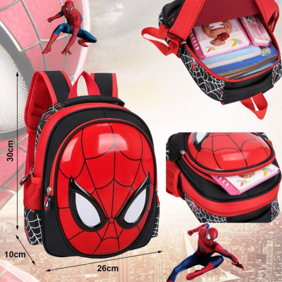 Mochila Escolar Preescolar Impermeable Spider Man 3d Dibujos Animados Color Rojo Con Negro
