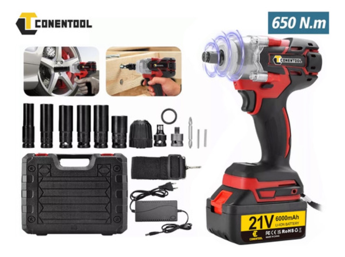 Pistola Impacto Llave Taladro Inalámbrica Sincarbono 650nm, Color Negro con Rojo