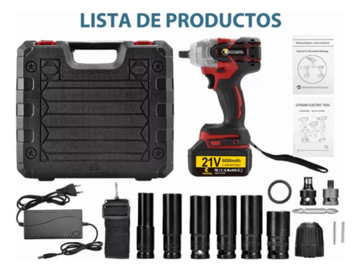 Pistola Impacto Llave Taladro Inalámbrica Sincarbono 650nm, Color Negro con Rojo