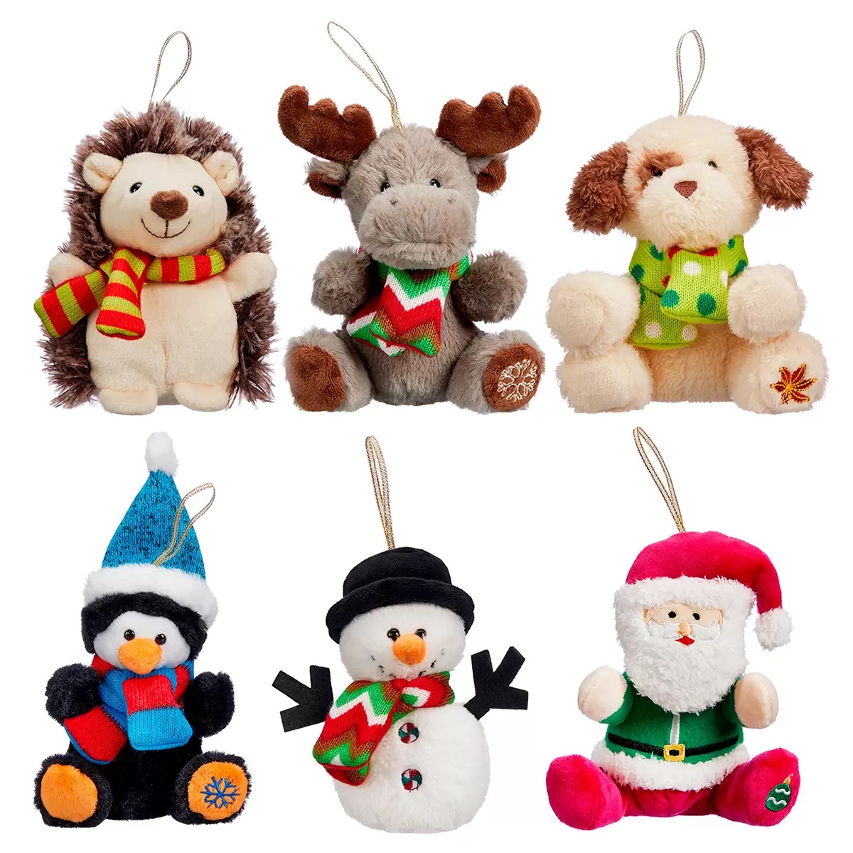 HugFun - Juego de Ornamentos navideños Colgantes de Peluche para árbol de Navidad, Animales, Santa Claus, Renos - Cada muñeco Mide 13 x 9 cm Aproximadamente (6 Piezas)