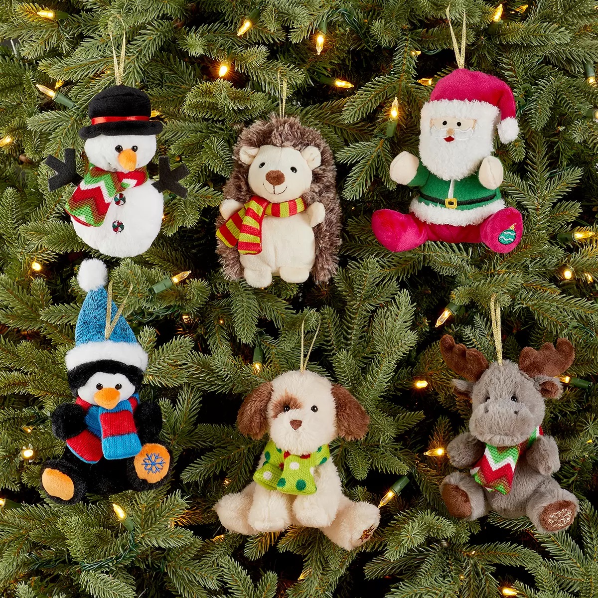 HugFun - Juego de Ornamentos navideños Colgantes de Peluche para árbol de Navidad, Animales, Santa Claus, Renos - Cada muñeco Mide 13 x 9 cm Aproximadamente (6 Piezas)