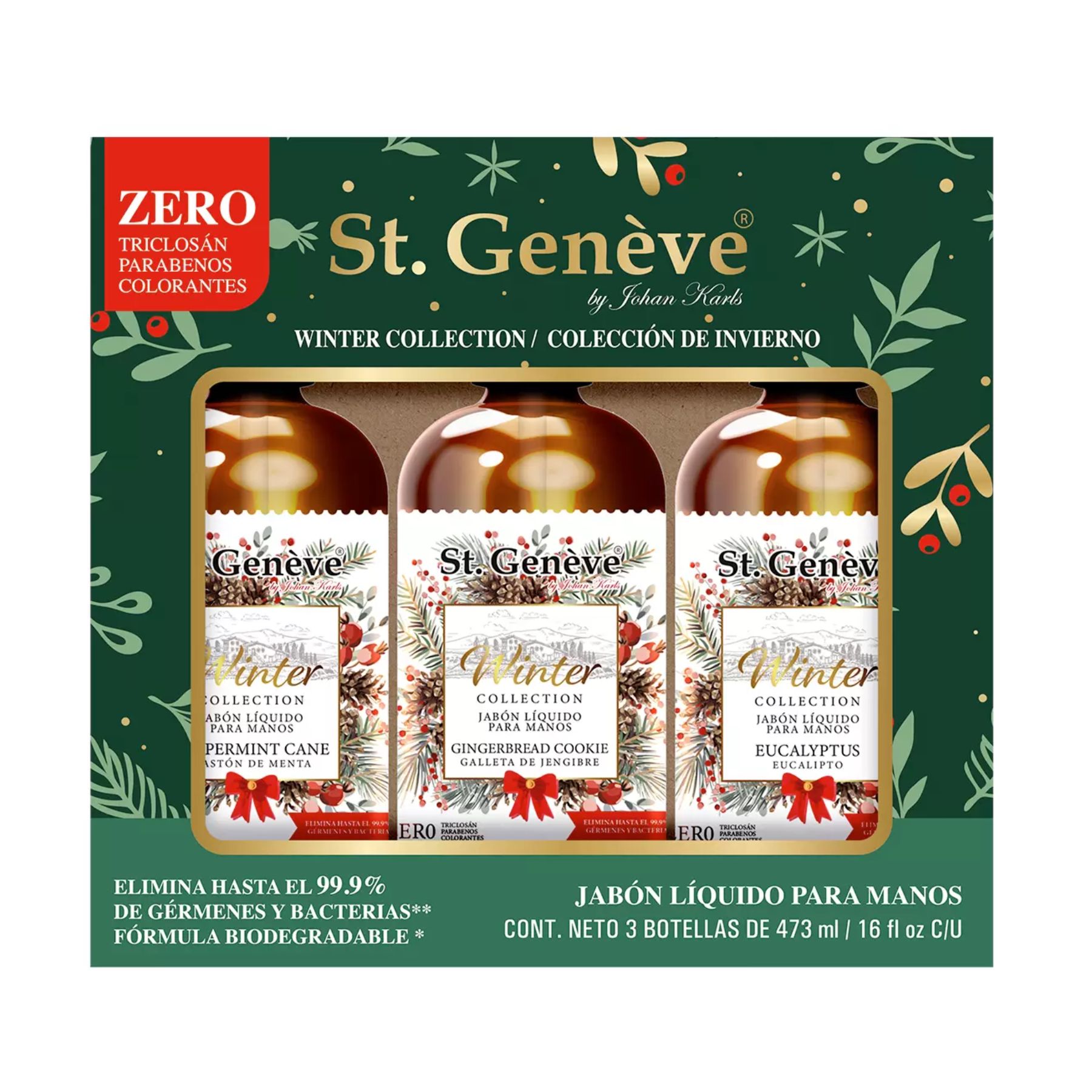 St. Geneve Jabón líquido para Manos Colección Navideña 3pzas CST-VERDE