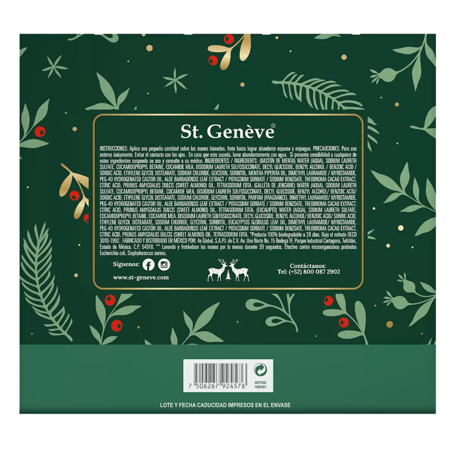 St. Geneve Jabón líquido para Manos Colección Navideña 3pzas CST-VERDE
