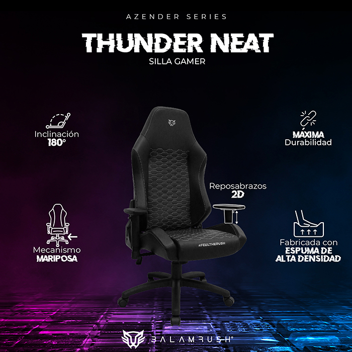 Silla Gamer BALAM RUSH THUNDER NEAT Ergonomica Ajustable 180 120kg 2D Negro BR-937856 