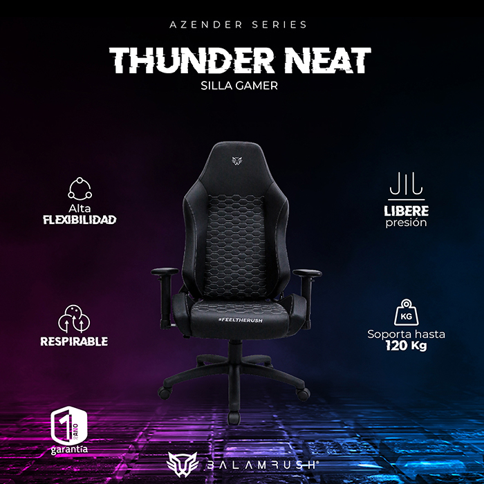 Silla Gamer BALAM RUSH THUNDER NEAT Ergonomica Ajustable 180 120kg 2D Negro BR-937856 