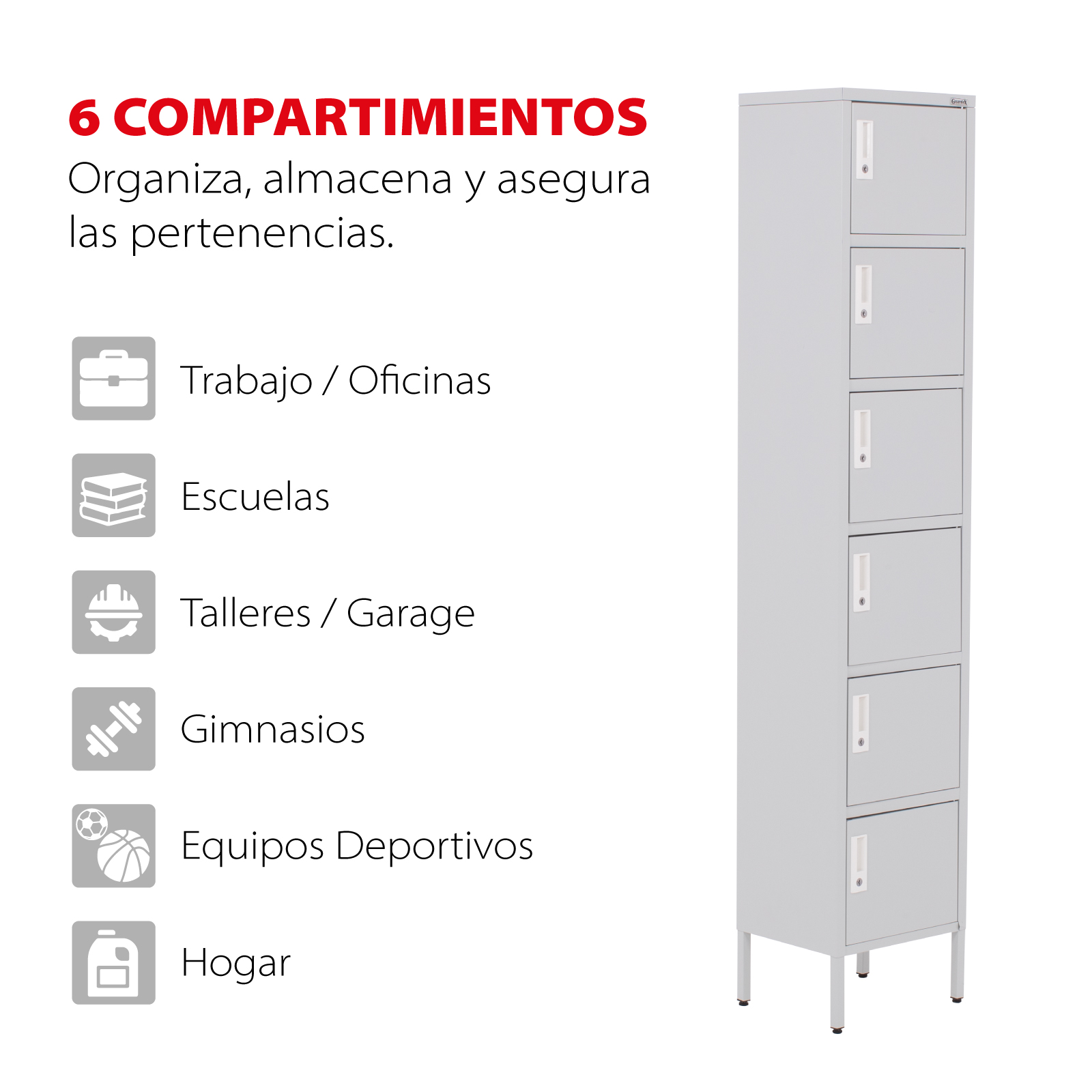Locker Metálico Vertical 180 cm, Puerta con Cerradura, Almacenamiento, Casillero para Oficina Escuela Gimnasio Casa (Gris, 6 Puertas)