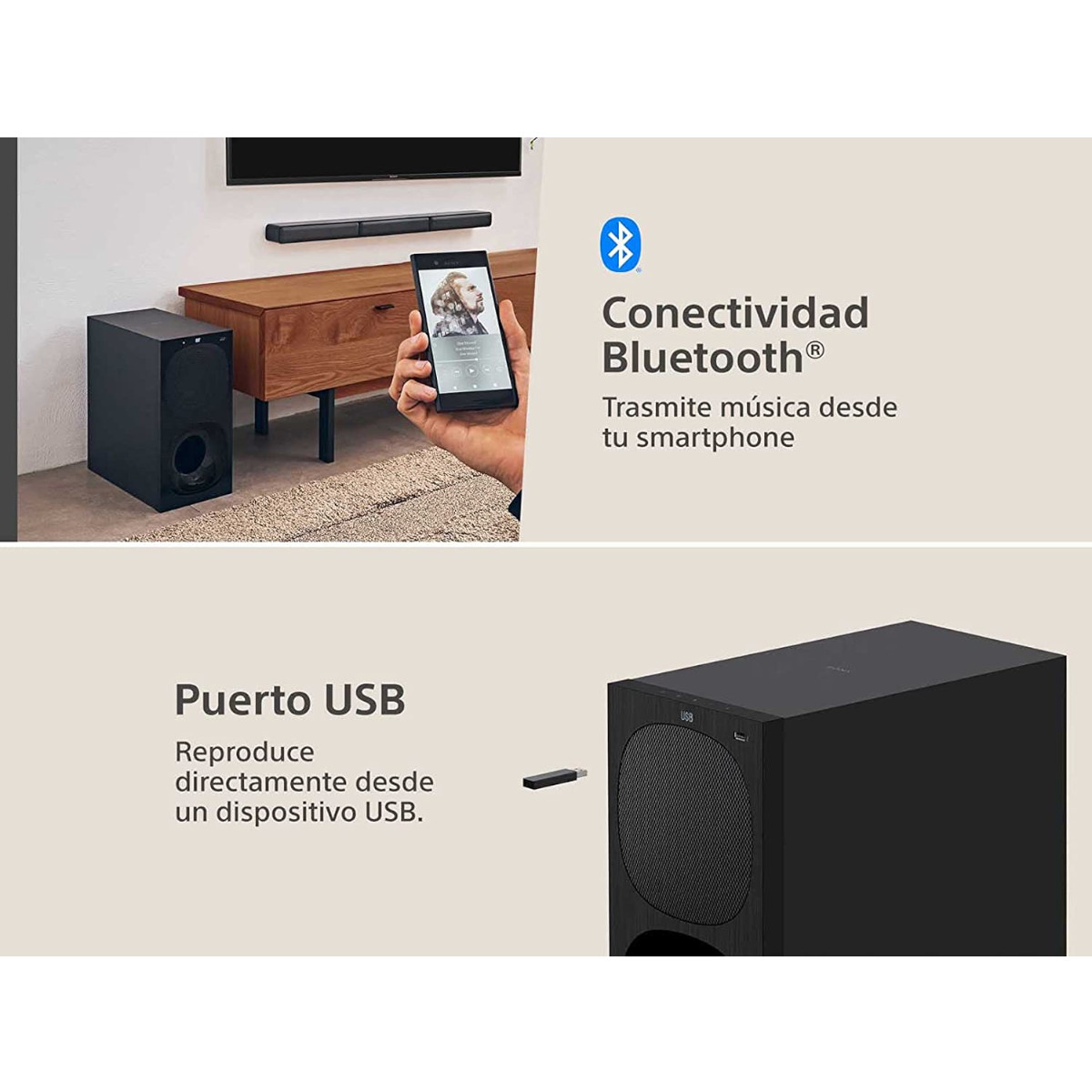 Teatro en casa con barra de sonido Sony HTS20R 5.1 canales.