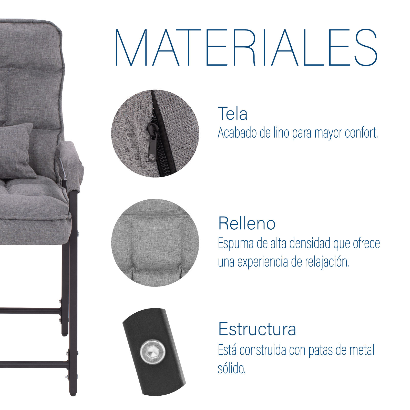 Sillon Reclinable con Reposapies, Individual, Respaldo Ajustable, 6 Posiciones, Interior, Exterior, Silla con Otoman, Gris