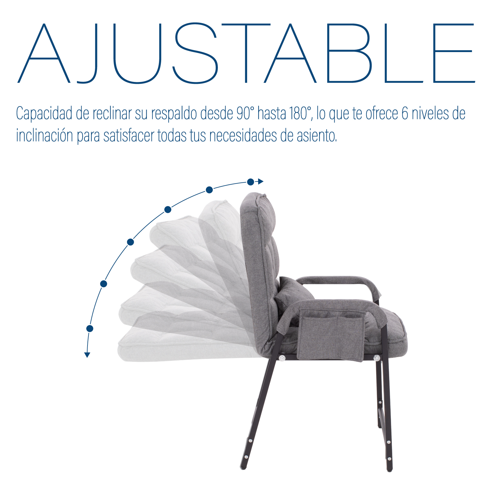 Sillon Reclinable con Reposapies, Individual, Respaldo Ajustable, 6 Posiciones, Interior, Exterior, Silla con Otoman, Gris