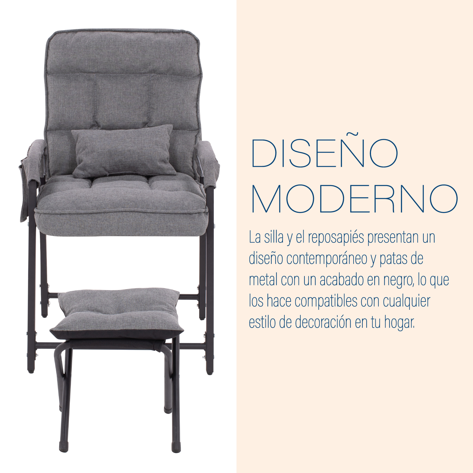 Sillon Reclinable con Reposapies, Individual, Respaldo Ajustable, 6 Posiciones, Interior, Exterior, Silla con Otoman, Gris