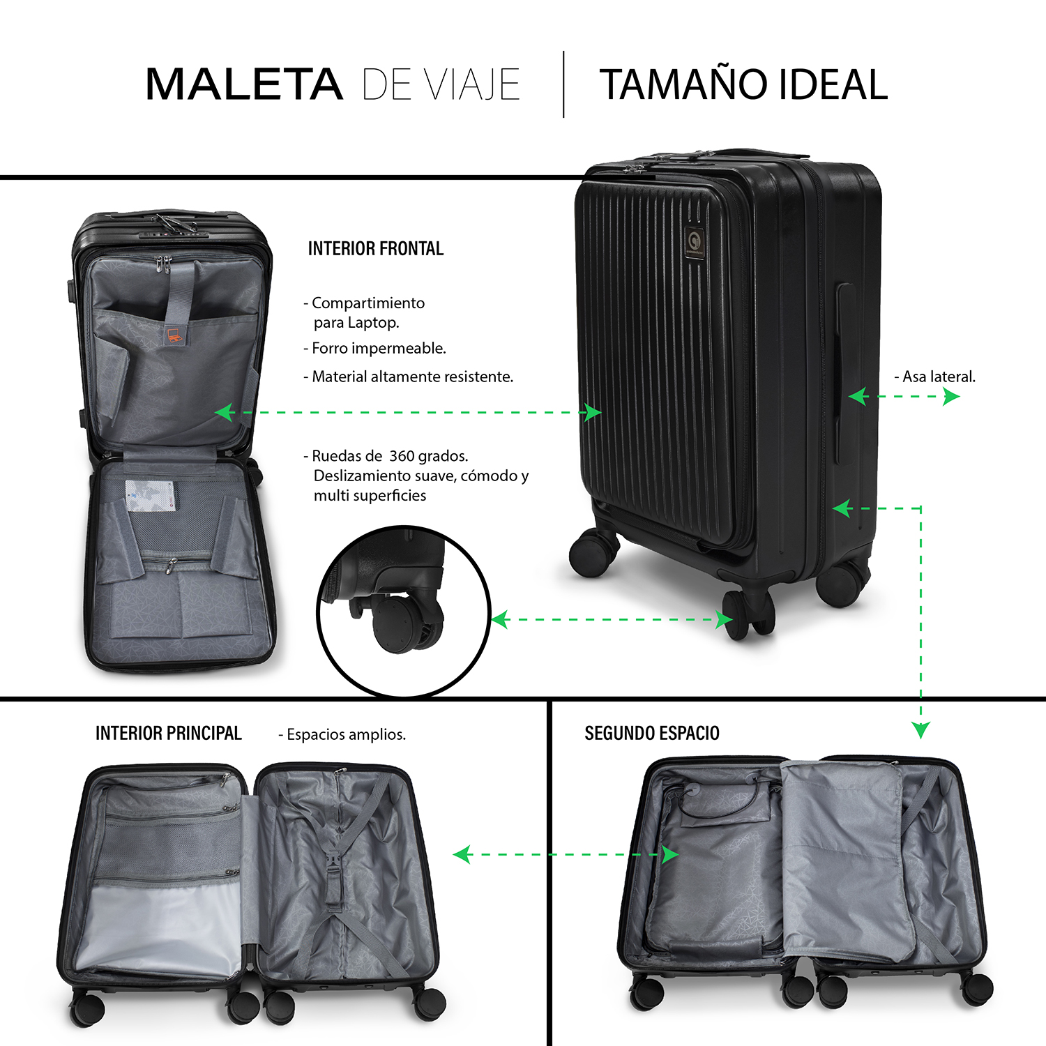 Maleta de Viaje Carry On carga USB, Candado TSA en color Negro 