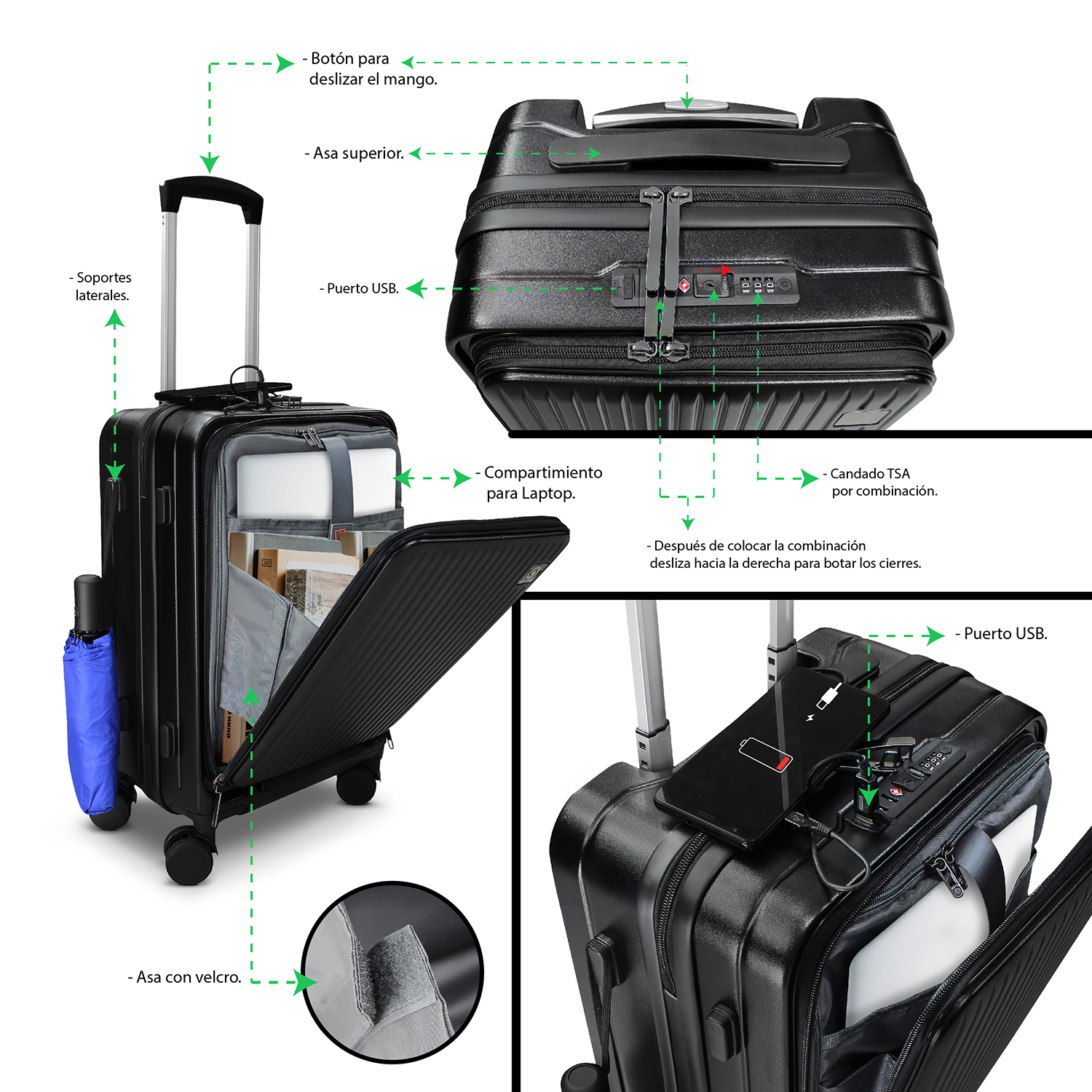 Maleta de Viaje Carry On carga USB, Candado TSA en color Negro 