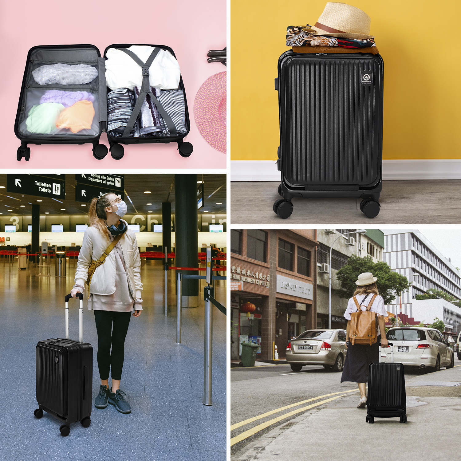 Maleta de Viaje Carry On carga USB, Candado TSA en color Negro 