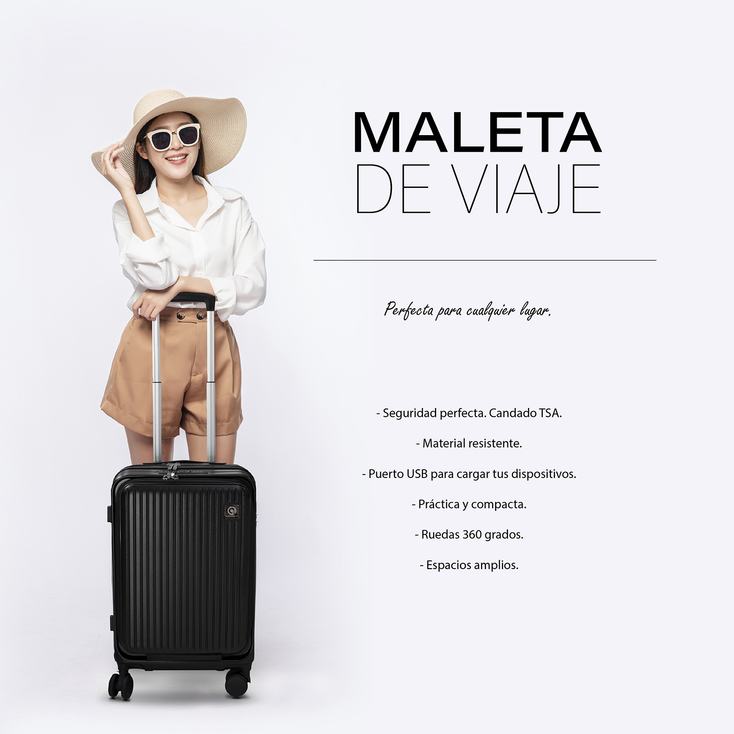 Maleta de Viaje Carry On carga USB, Candado TSA en color Negro 