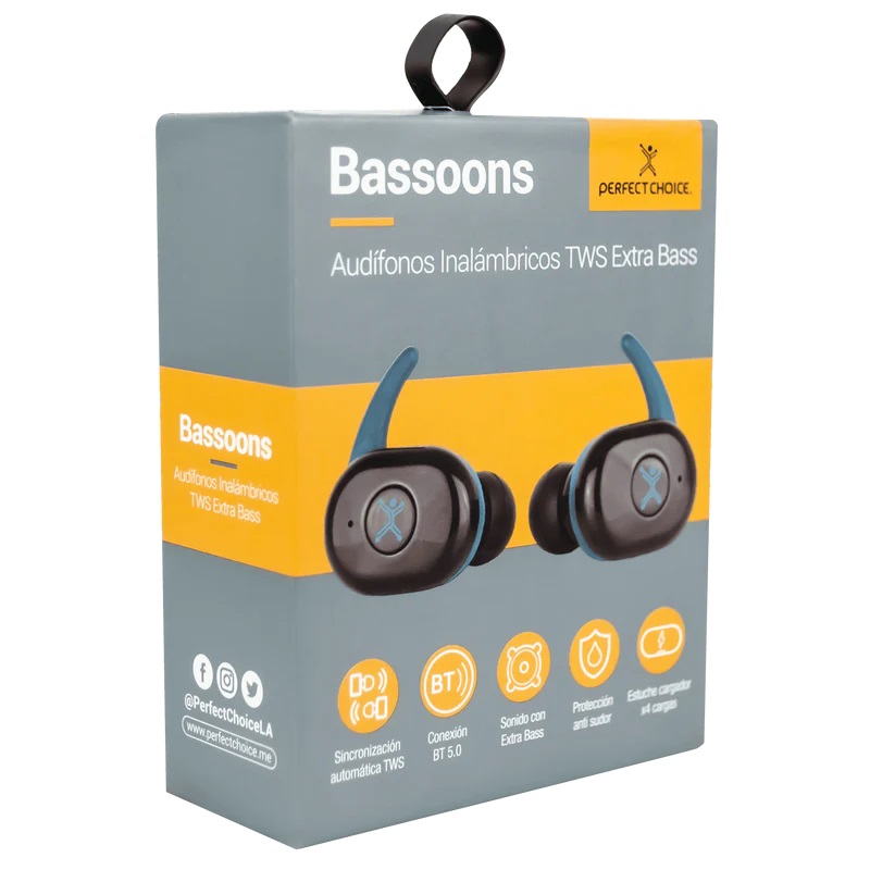 Audífonos Perfect Choice Intrauriculares Bassoons Inalámbrico Bluetooth Negro/Azul