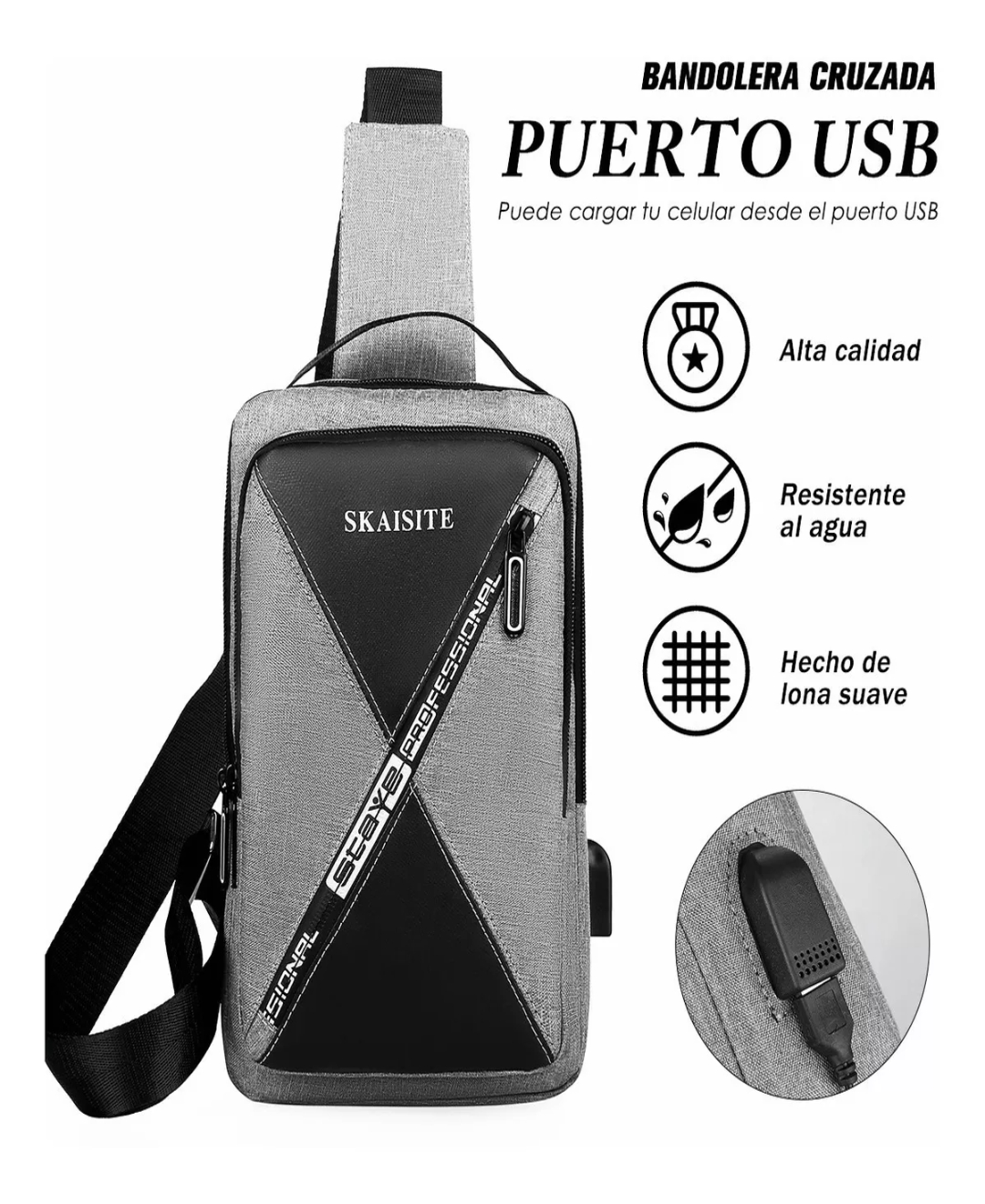 Mochila Bandolera Cruzada Pechera Cruzada De Hombro Bolsa Con Puerto De Carga Usb.