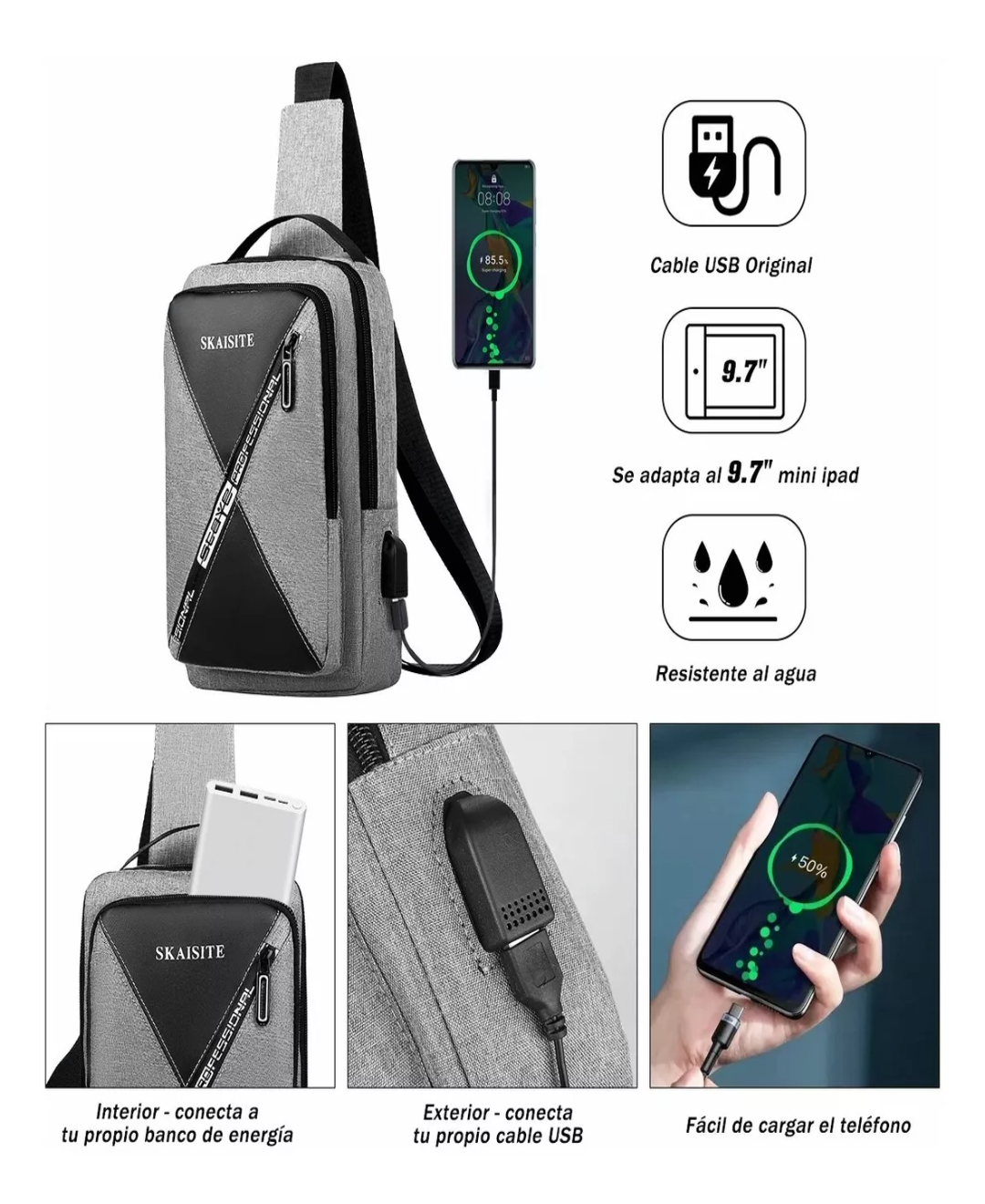 Mochila Bandolera Cruzada Pechera Cruzada De Hombro Bolsa Con Puerto De Carga Usb.