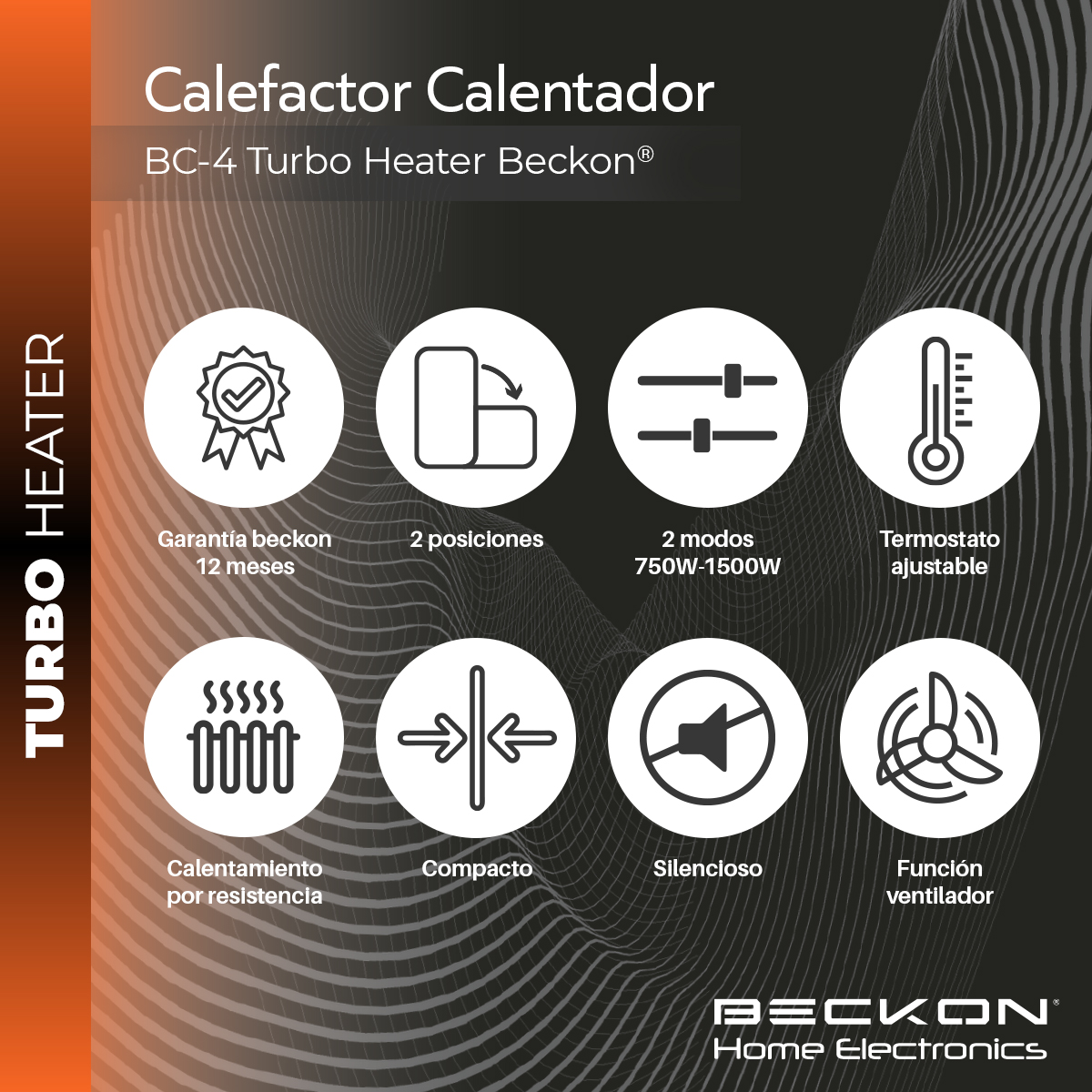 Calefactor Calentador eléctrico compacto 26cm de resistencia para recámara baño estudio hogar TURBO HEATER con termostato 750W / 1500W Beckon