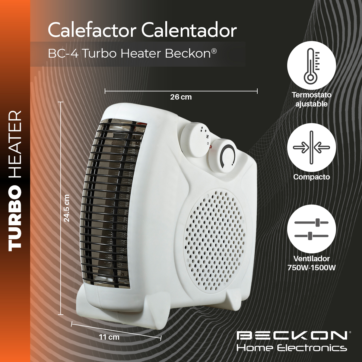 Calefactor Calentador eléctrico compacto 26cm de resistencia para recámara baño estudio hogar TURBO HEATER con termostato 750W / 1500W Beckon