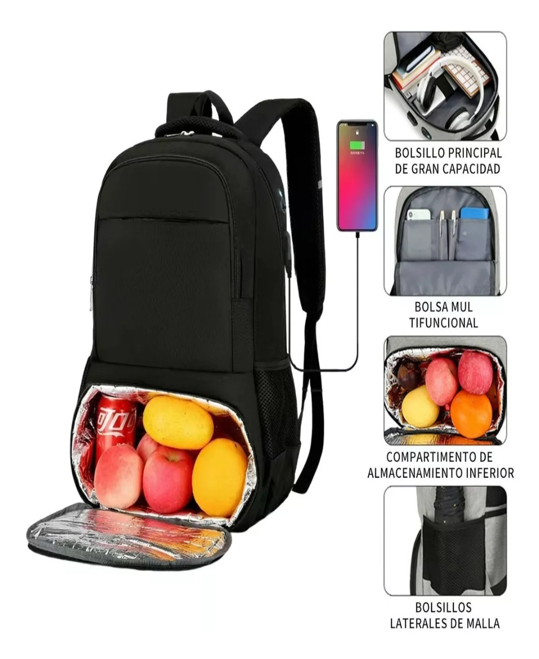 Bolsa De Almuerzo Impermeable Para Portátil Gran Capacidad Mochila De Gran Capacidad 15.6 Con Cargador Usb Con Loncheras Termicas