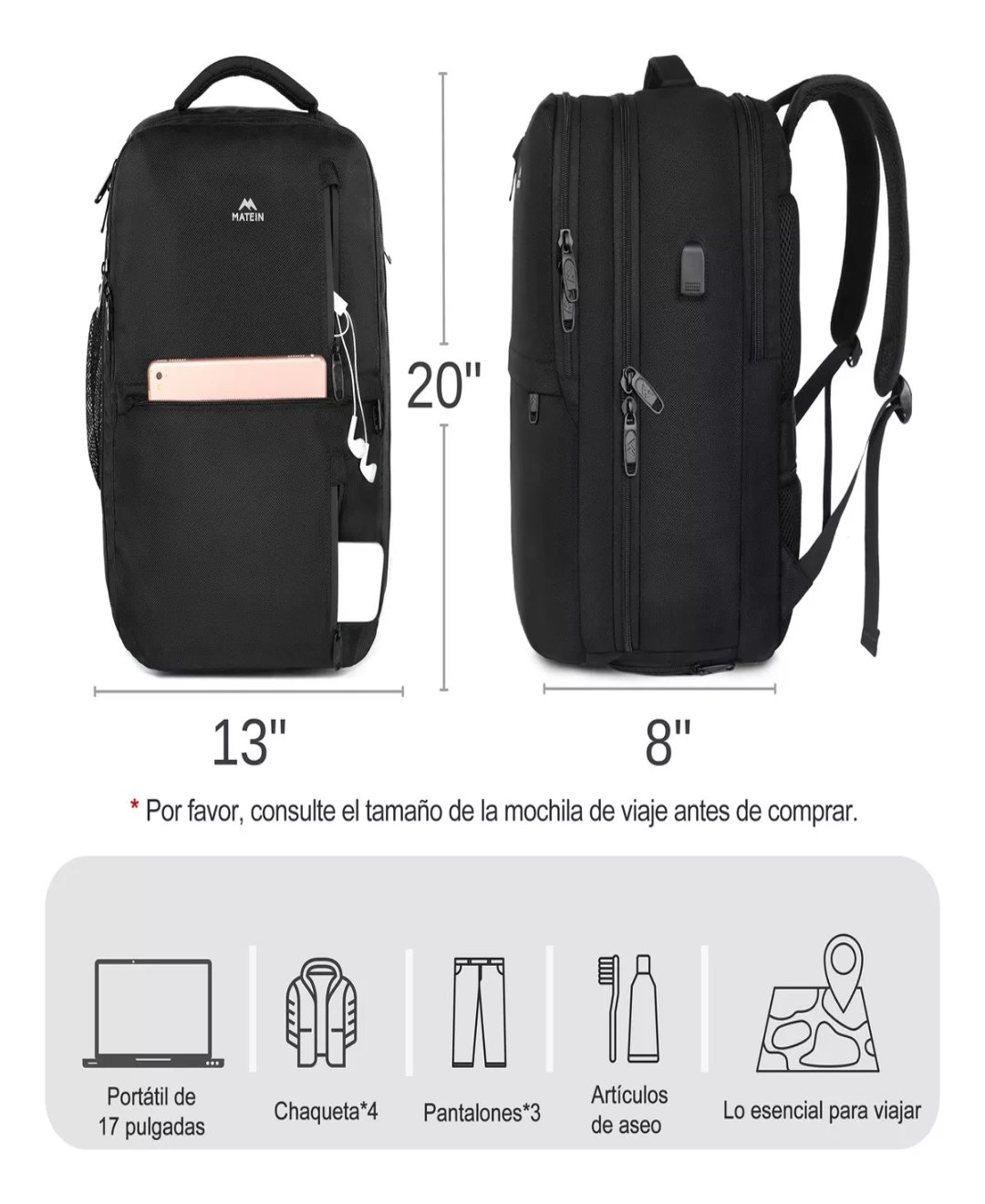 Mochila de viaje extra grande, mochila de mano para aviones, mochila para  laptop de 17 pulgadas para hombres, mochila impermeable expandible de