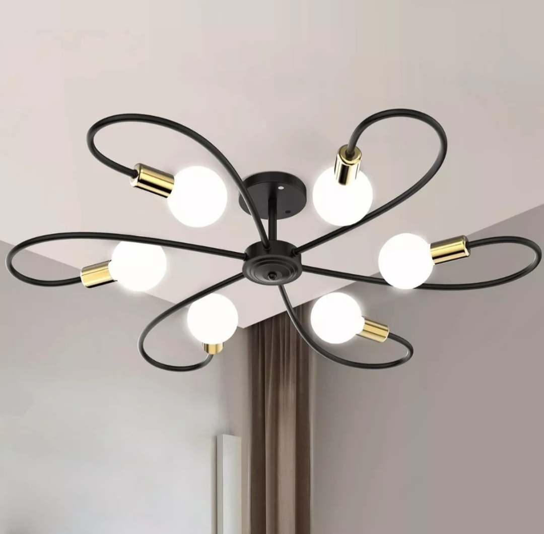 Lámpara de techo de metal para 6 luces tipo espiral Vintage Retro Modernista color negro y dorado