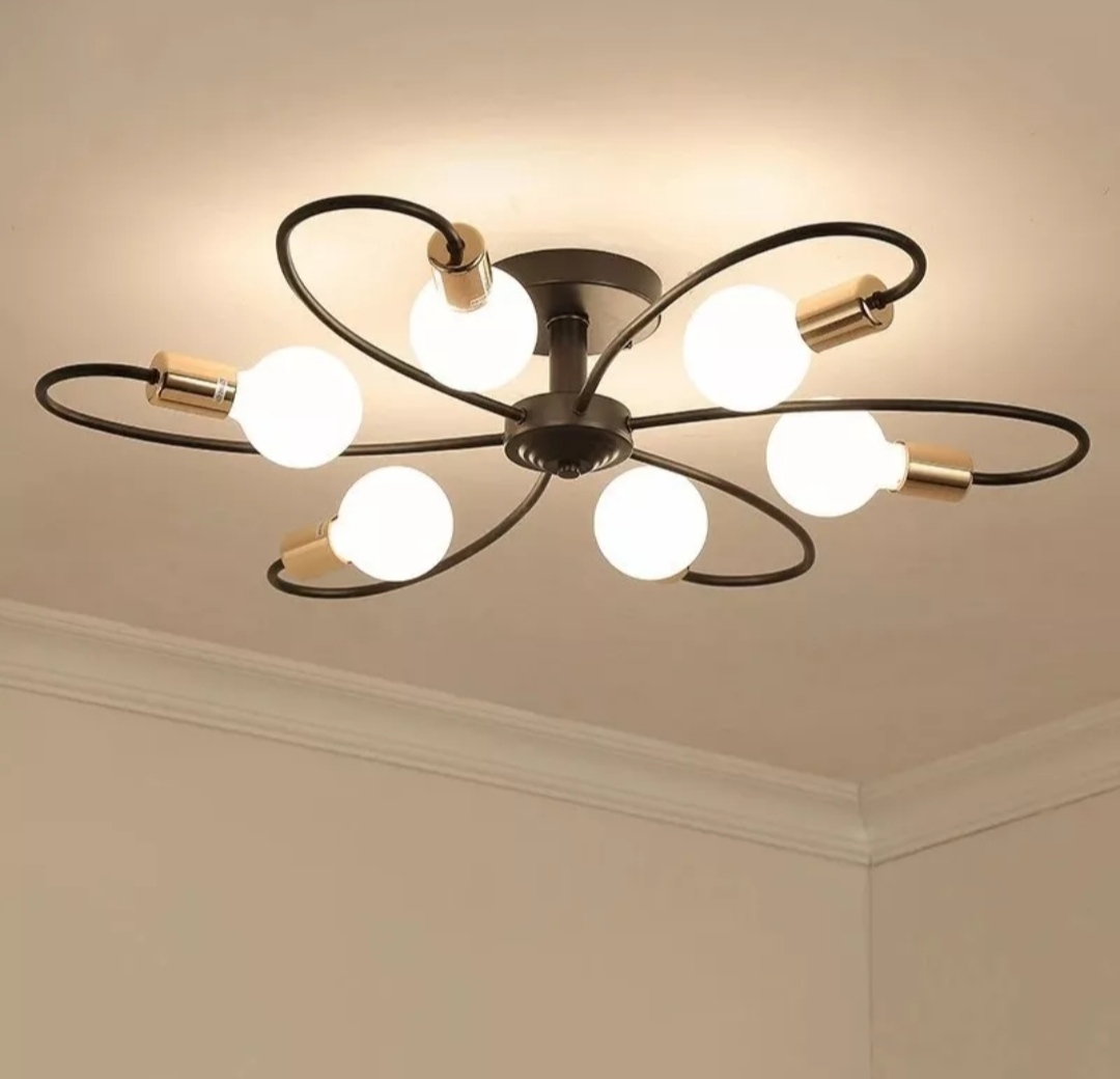 Lámpara de techo de metal para 6 luces tipo espiral Vintage Retro Modernista color negro y dorado