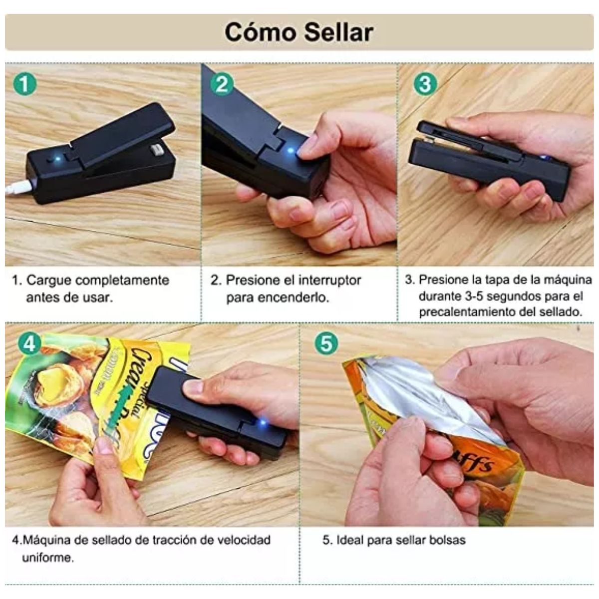 Máquina Selladora Bolsas Plásticas Mini Portátil Recargable Negro