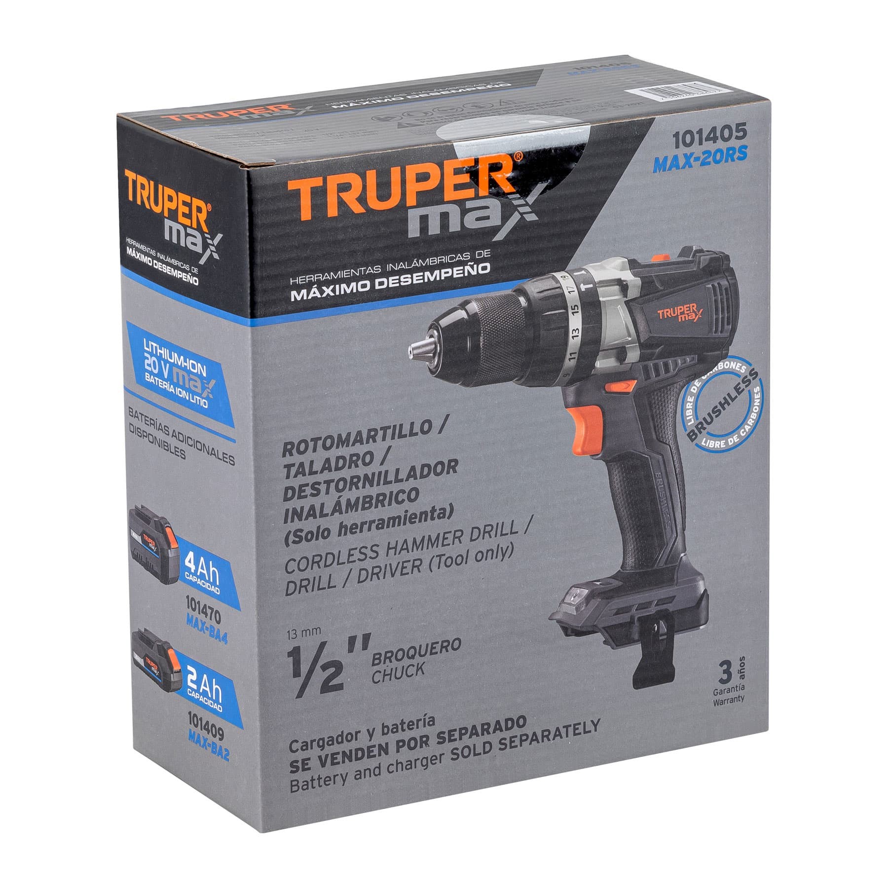 ROTOMARTILLO INALÁMBRICO 1/2", 20V, S/ACCESORIOS, TRUPER MAX 101405