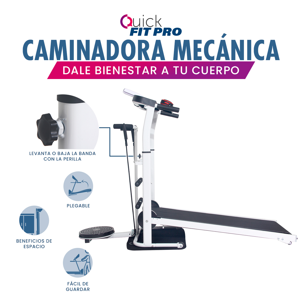 Caminadora Fitness Manual 4 en 1 Plegable Quick Fit Pro TV Ofertas Blanca, Portátil, con Bocina, ligas, barras y disco twister