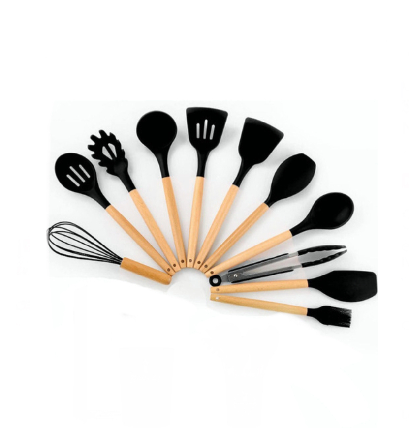 Utensilios De Cocina Mango De Silicona Y Madera 12 Pz Color Negro