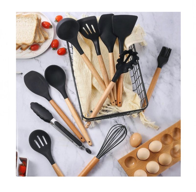 Utensilios De Cocina Mango De Silicona Y Madera 12 Pz Color Negro