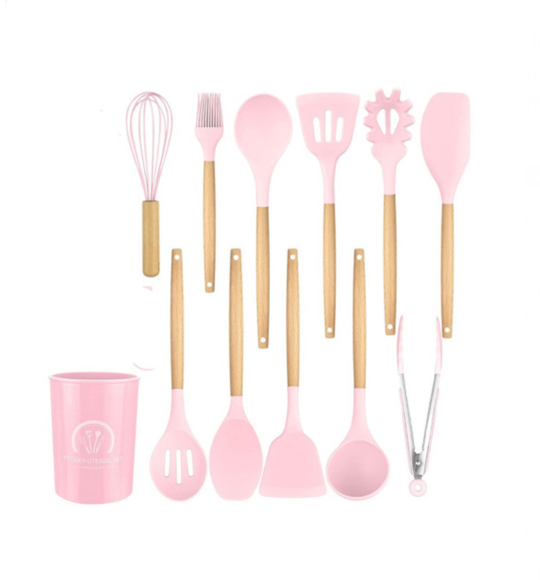 Utensilios De Cocina Mango De Silicona Y Madera 12 Pz Color Rosa