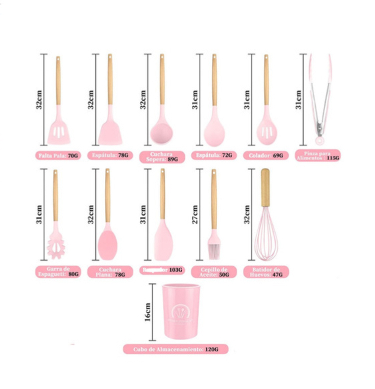 Utensilios De Cocina Mango De Silicona Y Madera 12 Pz Color Rosa