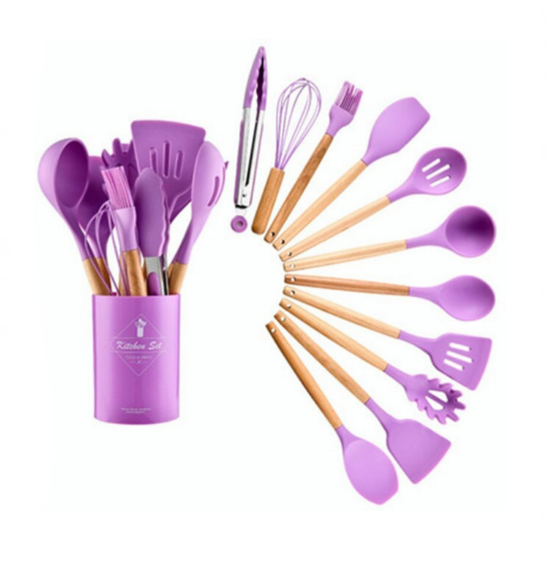 Utensilios De Cocina Mango De Silicona Y Madera 12 Pz Color Violeta