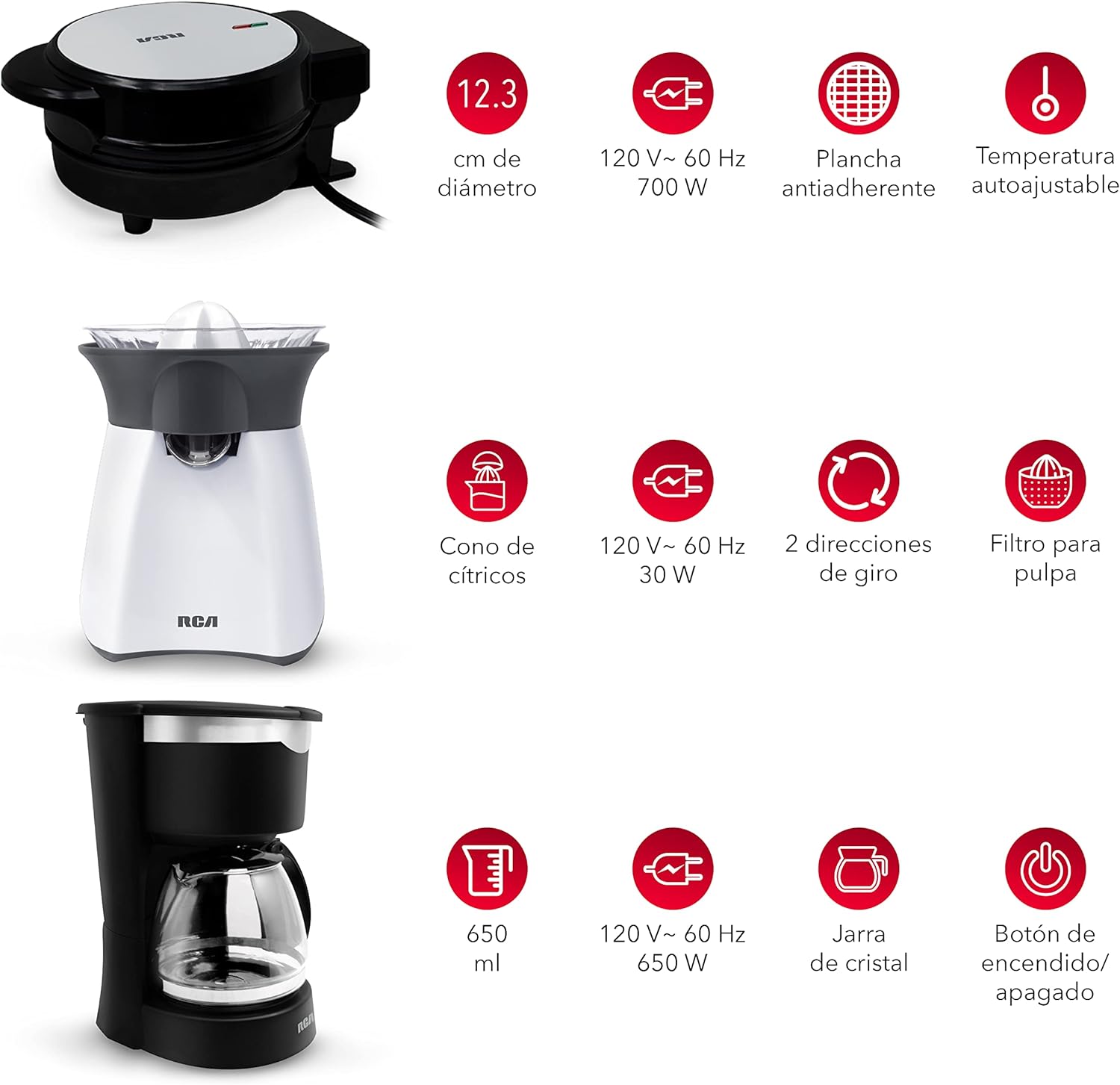 Combo Continental RCA Waflera +Cafetera + Exprimidor RC-CT