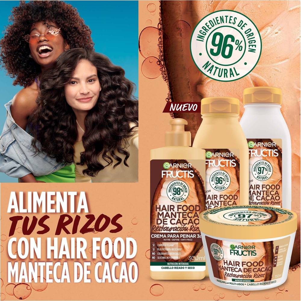 Garnier Fructis Manteca de Cacao Hair Food, 4 Piezas, Shampoo + Acondicionador + Mascarilla + Crema 3 en 1.