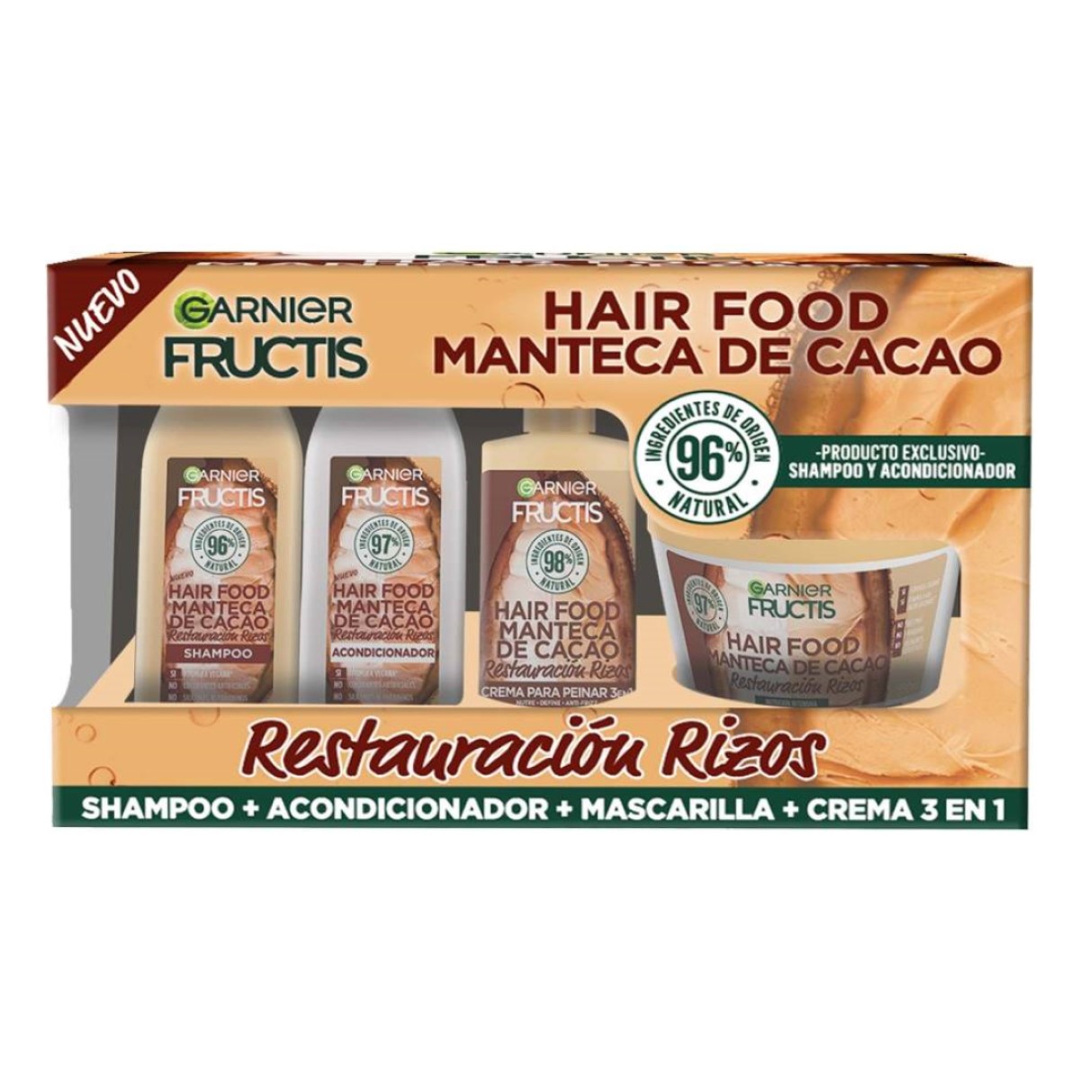Garnier Fructis Manteca de Cacao Hair Food, 4 Piezas, Shampoo + Acondicionador + Mascarilla + Crema 3 en 1.