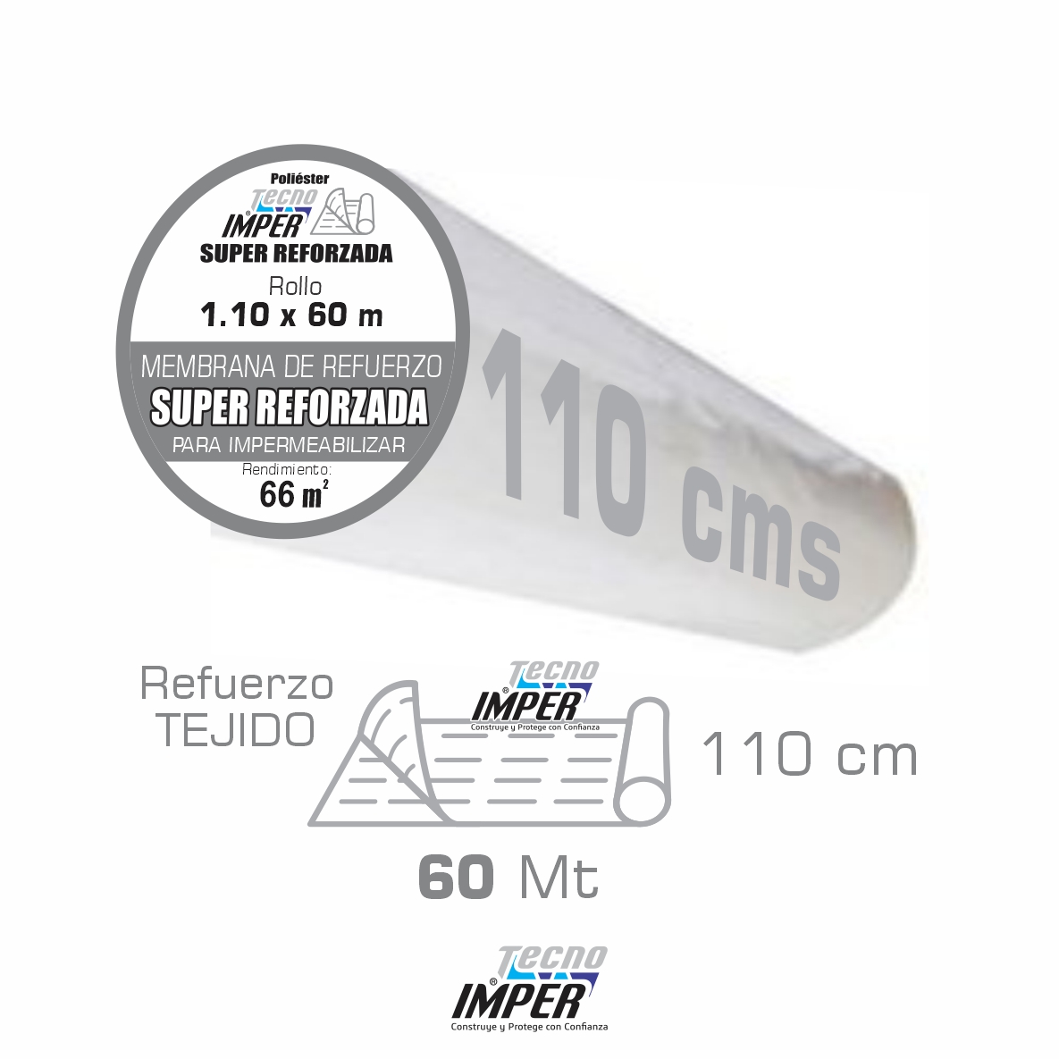 Membrana para impermeabilizar Super Reforzada TecnoImper, Rollo de 1.10 m x 60 mts, para uso con impermeabilizante Acrílico y Asfáltico, rinde 66 m2