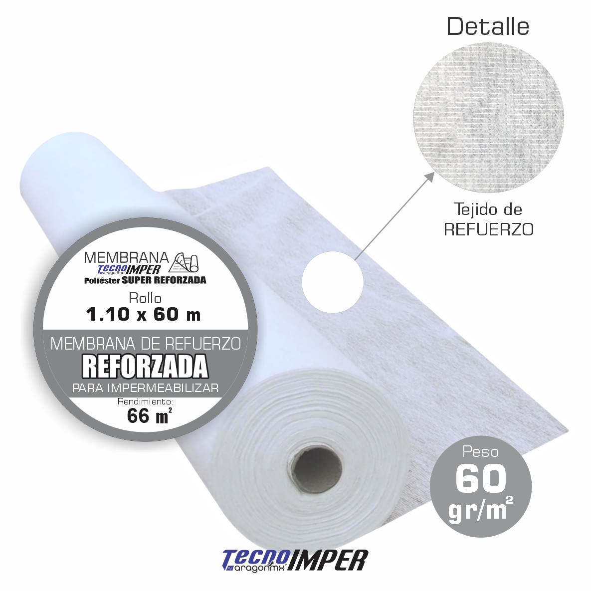 Membrana para impermeabilizar Super Reforzada TecnoImper, Rollo de 1.10 m x 60 mts, para uso con impermeabilizante Acrílico y Asfáltico, rinde 66 m2