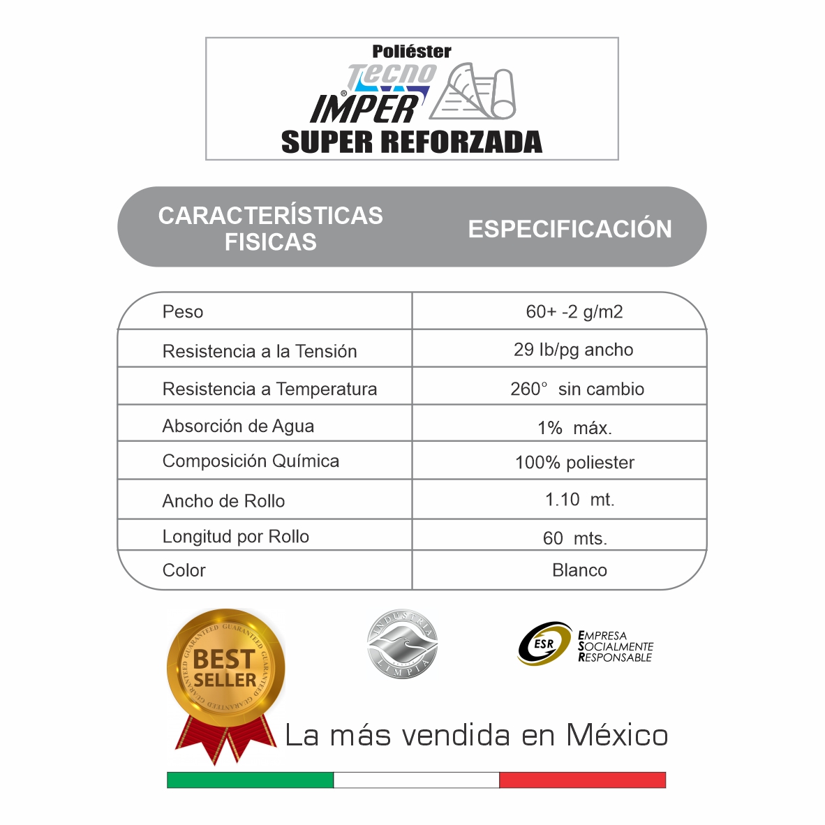 Membrana para impermeabilizar Super Reforzada TecnoImper, Rollo de 1.10 m x 60 mts, para uso con impermeabilizante Acrílico y Asfáltico, rinde 66 m2