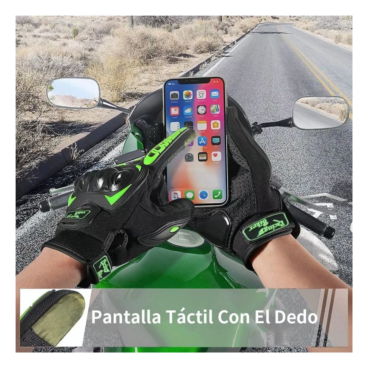 Guantes Protección Para Moto Pantalla Táctil Antideslizante Negro/Verde  talla M