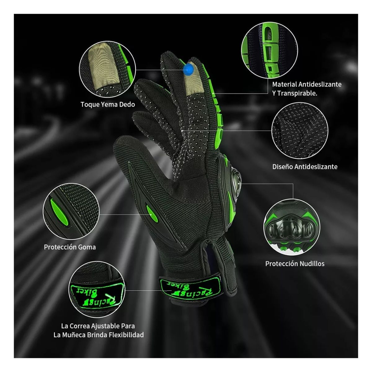 Guantes Protección Para Moto Pantalla Táctil Antideslizante Negro/Verde  talla M